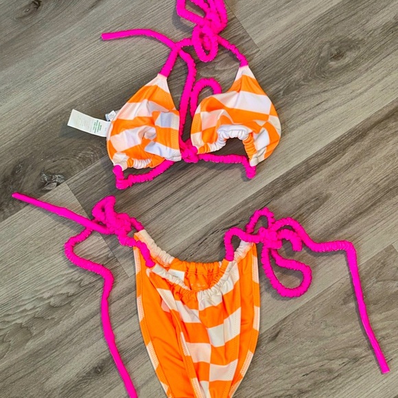 American Eagle Aerie Orange/White Checkered Cheek  Bikini Bottom/TOP - Picture 1 of 3